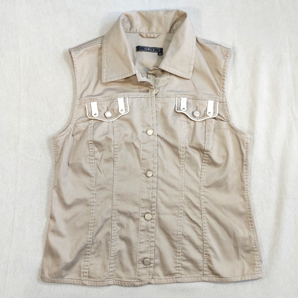 Orly Retro Boho Beige Denim Style Button Down Vest, 10